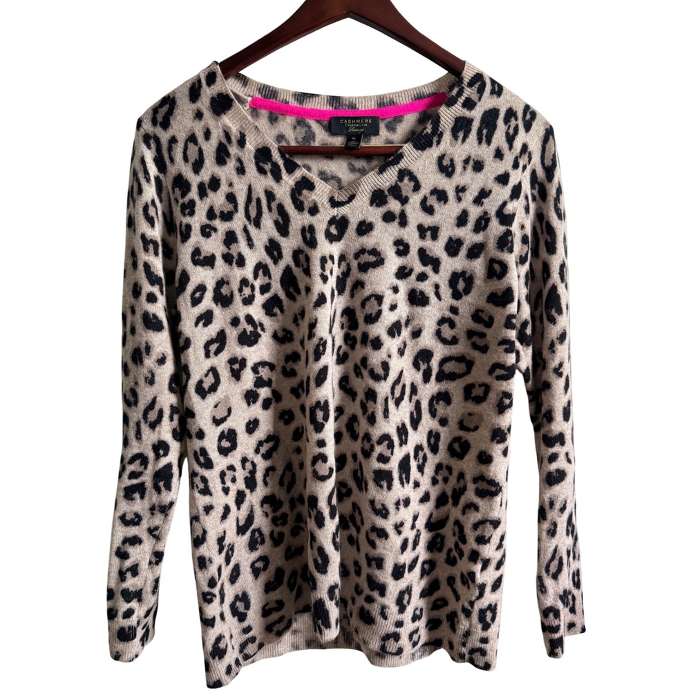Charter Club Cashmere Sweater Womens XL Tan Leopard Print V-Neck Pullover Luxury